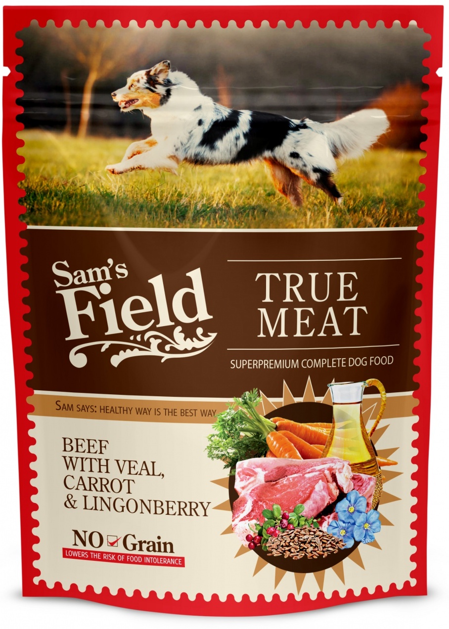 Sam's Field True Meat Beef with Carrot & Lingonberry - Hrană la pliculeț pentru câini
