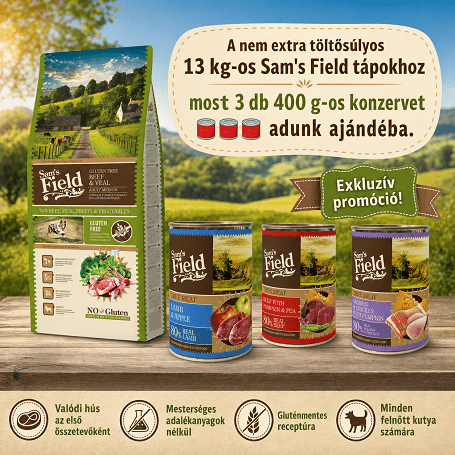 Sam’s Field 13 kg-os tápok: extra töltősúly vagy ajándék konzervek