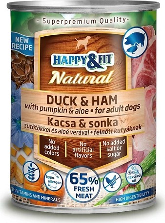 Happy&Fit kacsás-sonkás kutyakonzerv sütőtökkel és aloe verával