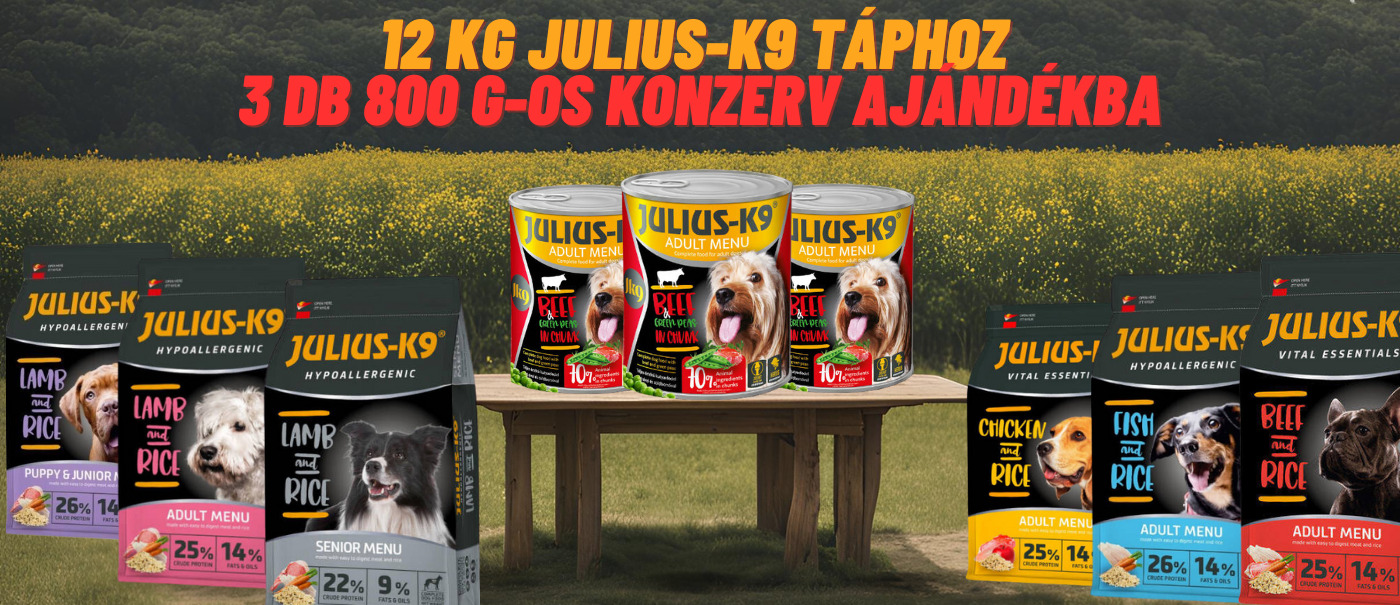 Minden 12 kg-os Julius-K9 zsákhoz 3 db 800 g-os marhahúsos, zöldborsós konzervet adunk ajándékba