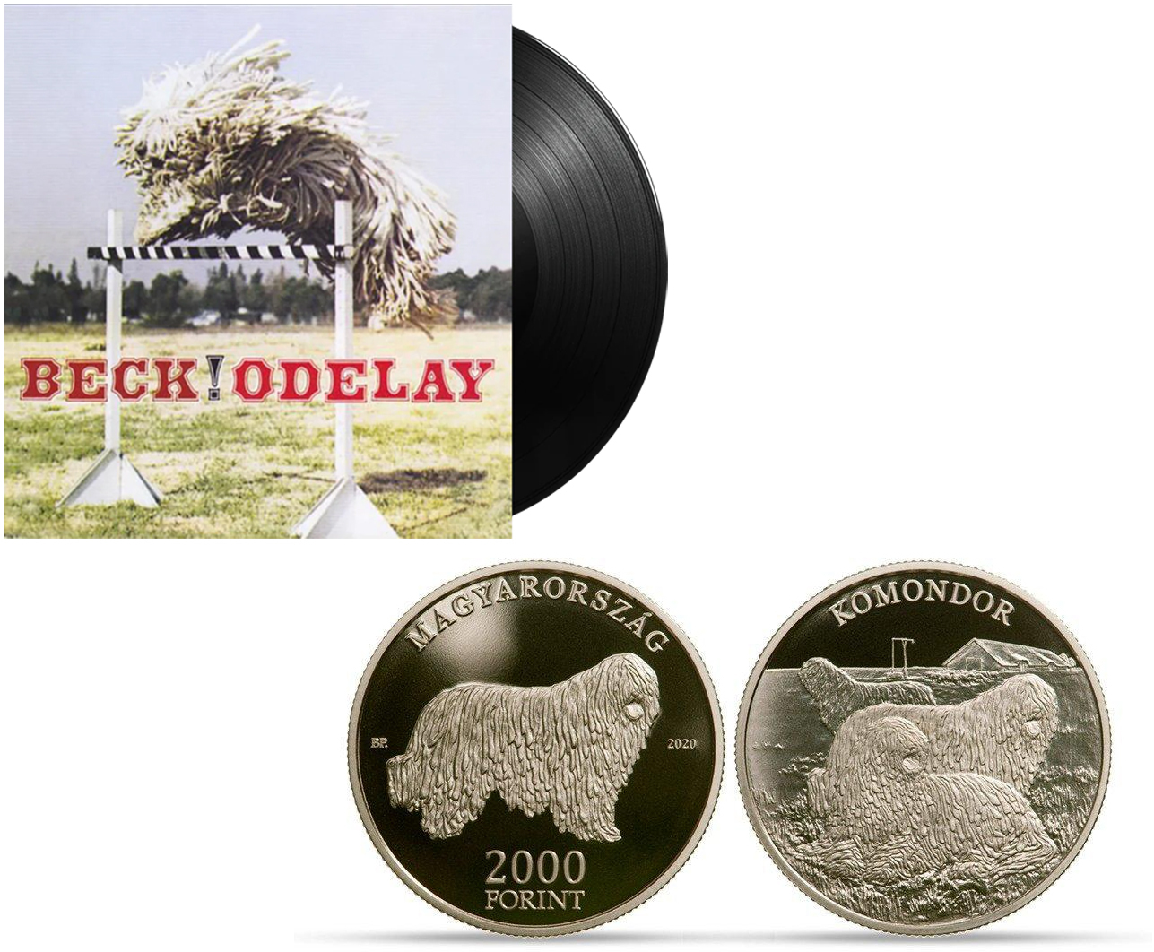 Medalia comemorativă Komondor de 2000 Ft și coperta albumului Beck!Odelay Komondor
