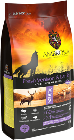 Ambrosia Dog Adult Fresh Venison & Lamb | Gabonamentes kutyatáp friss szarvashússal és báránnyal