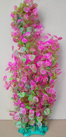 Akváriumi műnövény hosszú zöld és rózsaszín szárral és sűrű kerek levelekkel