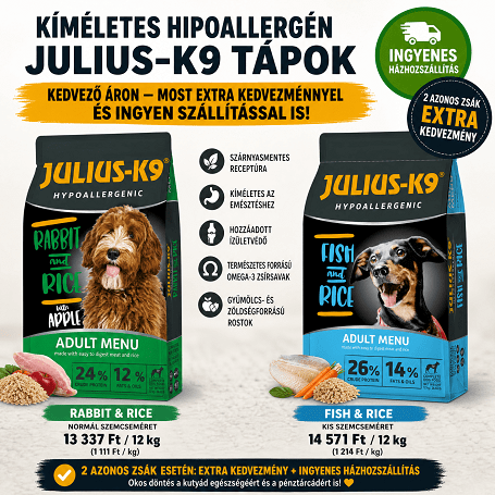 Kíméletes hipoallergén Julius-K9 tápok kedvező áron – most extra kedvezménnyel és ingyen szállítással is!