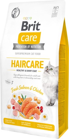 Brit Care Cat Haircare Healthy & Shinny Coat - Fresh Salmon & Chicken - Hipoallergén eledel törődést igénylő bundájú felnőtt macskáknak