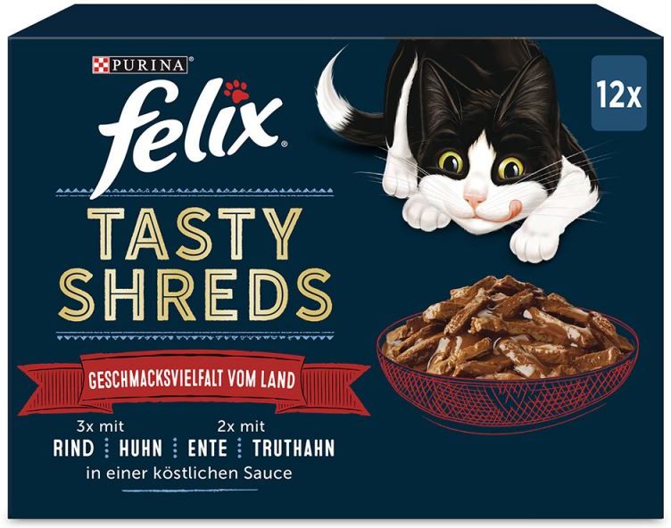 Felix Tasty Shreds selecție artizanală - Bucățele de carne de vită, pui, rață și curcan în sos pentru pisici - Multipack (12 x 80 g) - zoom