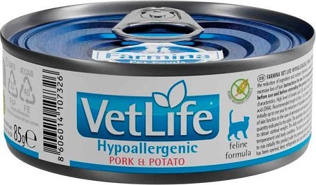 Vet Life hipoallergén diétás macskaeledel sertéssel és burgonyával (12 x 85 g) 1.02 kg