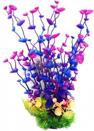 Hosszú szárú akváriumi műnövény lila kagyló formájú levelekkel
