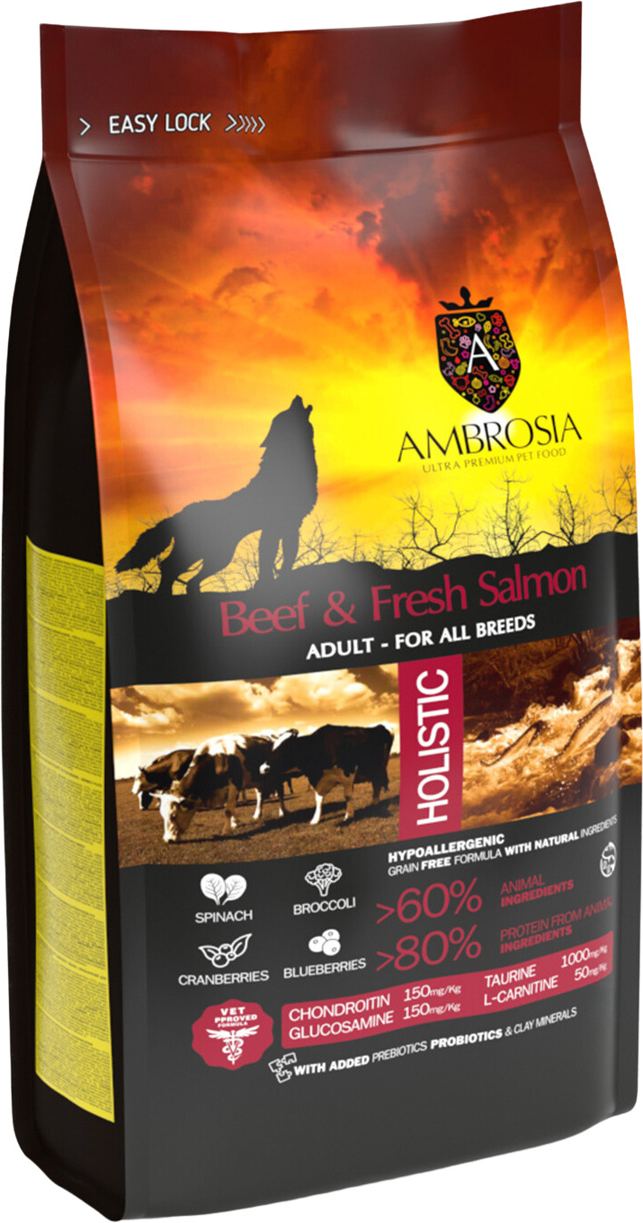 Ambrosia Dog Adult GF Beef & Fresh Salmon | Hrană pentru câini fără cereale, cu carne de vită și somon proaspăt