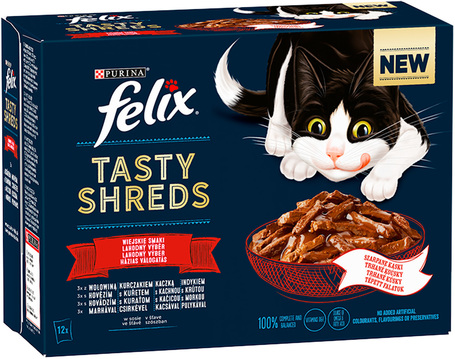 Felix Tasty Shreds házias válogatás - Marhás, csirkés, kacsás és pulykás tépett falatok szószban macskáknak - Multipack