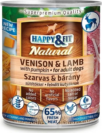 Happy&Fit szarvas és bárányos kutyakonzerv sütőtökkel