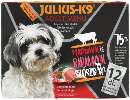 Julius-K9 Beef & Lamb szószos falatok | Marhás és bárányos kutyaeledel alutasakban