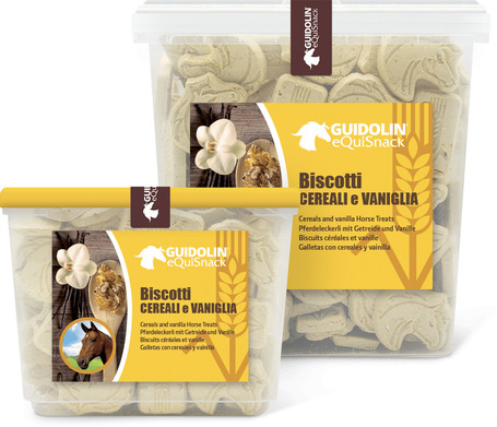 Guidolin eQuiSnack Cereals & Vanilla ropogós keksz gabonapehellyel és vaníliával lovaknak kézzel készített tésztából