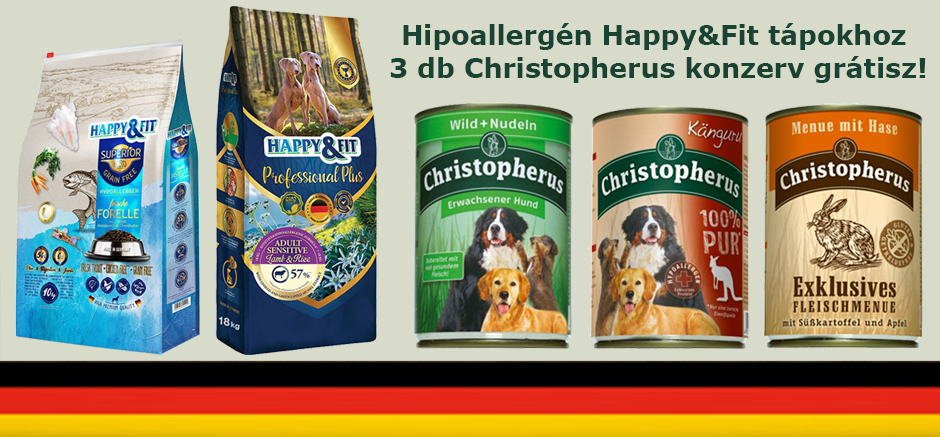Hipoallergén Happy&Fit tápokhoz most 3 db Christopherus konzerv grátisz
