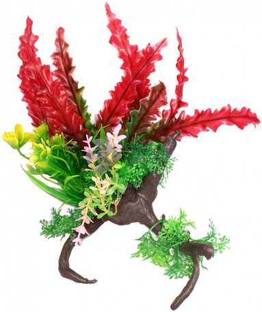Piros akváriumi hínár apró színes virágokkal akváriumi műnövény