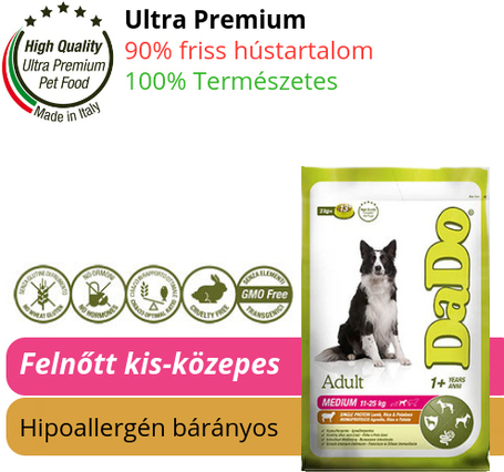 Dado Hypoallergenic Adult Medium Lamb & Rice | Hipoallergén táp közepes testméretű felnőtt kutyáknak | Bárányhúsos