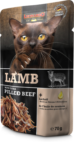 Leonardo bárányhús extra tépett marhahússal alutasakos macskaeledel