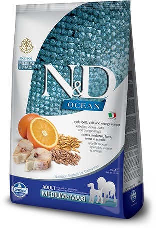 N&D Dog Ocean Adult Medium & Maxi Codfish & Orange | Tőkehalas és narancsos kutyaeledel