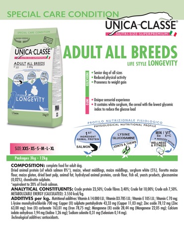 Unica Classe Adult All Breeds Longevity csökkent fizikai aktivitású, ill. súlygyarapodásra hajlamos kutyáknak