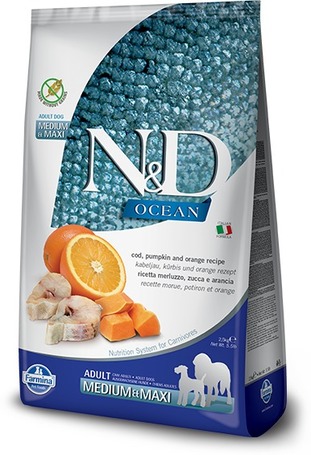 N&D Dog Ocean Adult Medium/Maxi sütőtök, tőkehal & narancs | Közepes és nagytestű felnőtt kutyáknak