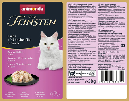 Animonda Vom Feinsten Pouch csirkefilés és lazacos alutasakos macskaeledel szószban