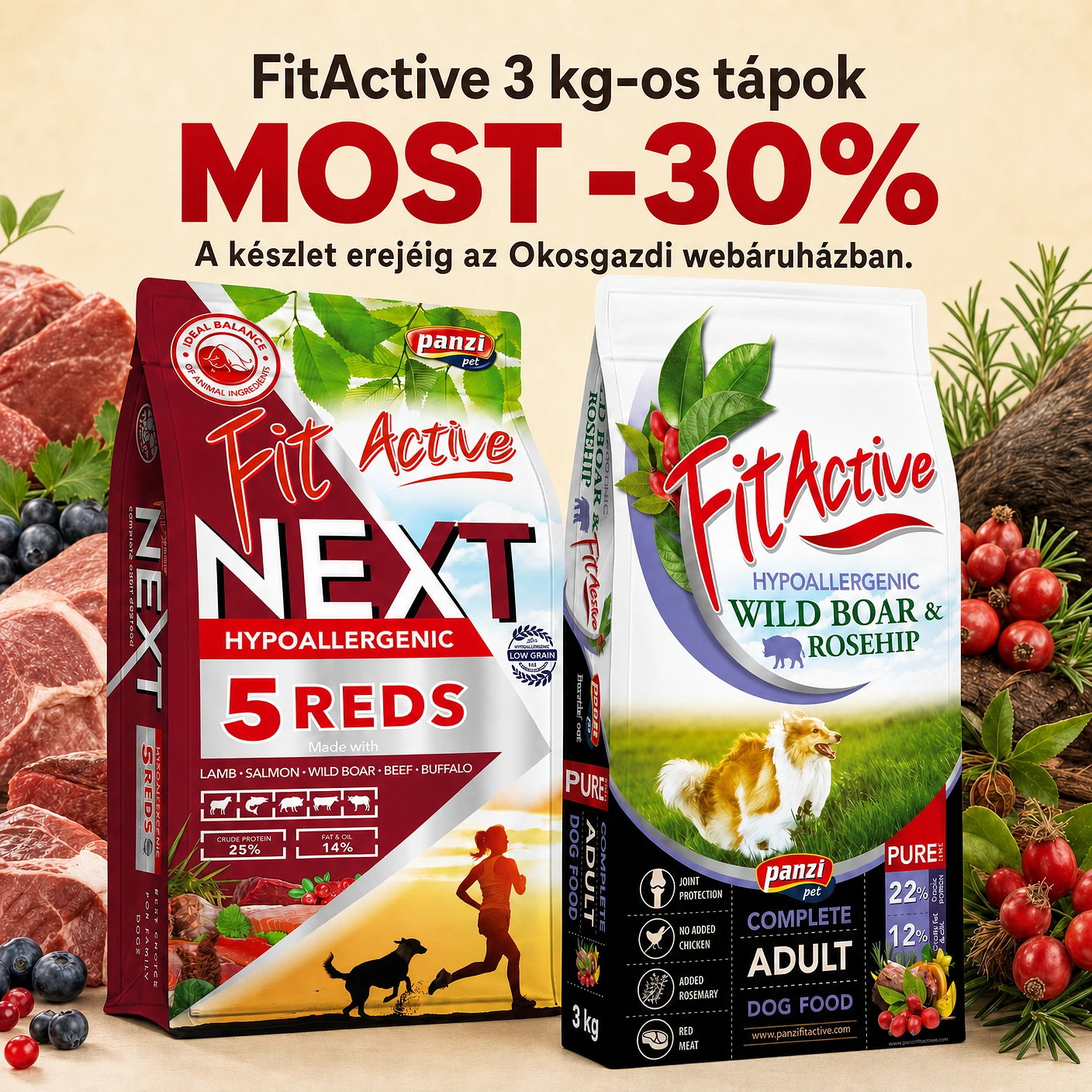 FitActive kutyatápok FitActive Next 5 Reds és FitActive Pure Wild Boar & Rosehip kutyatáp