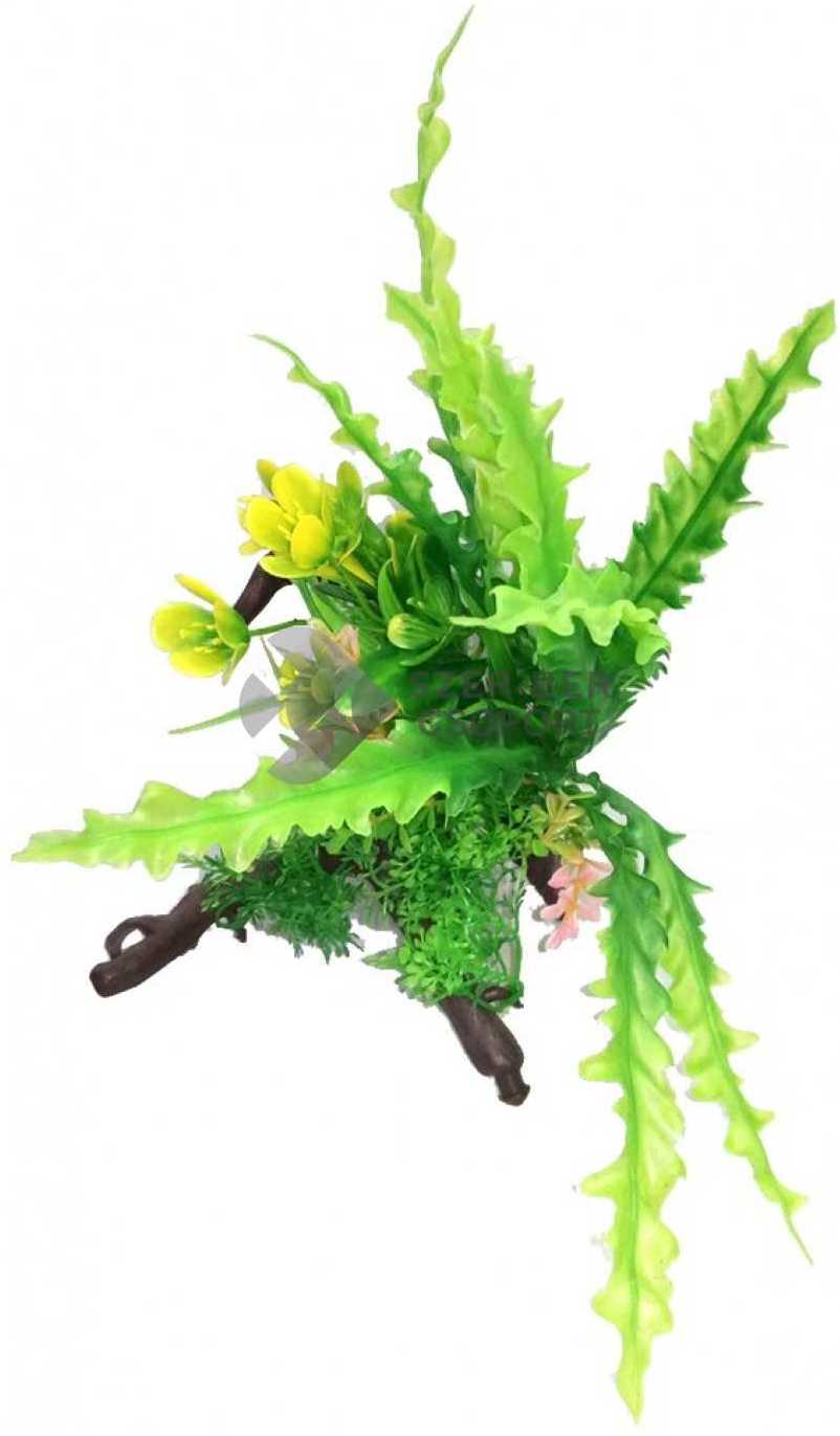 Alge verzi de acvariu cu mici flori colorate, plante artificiale de acvariu