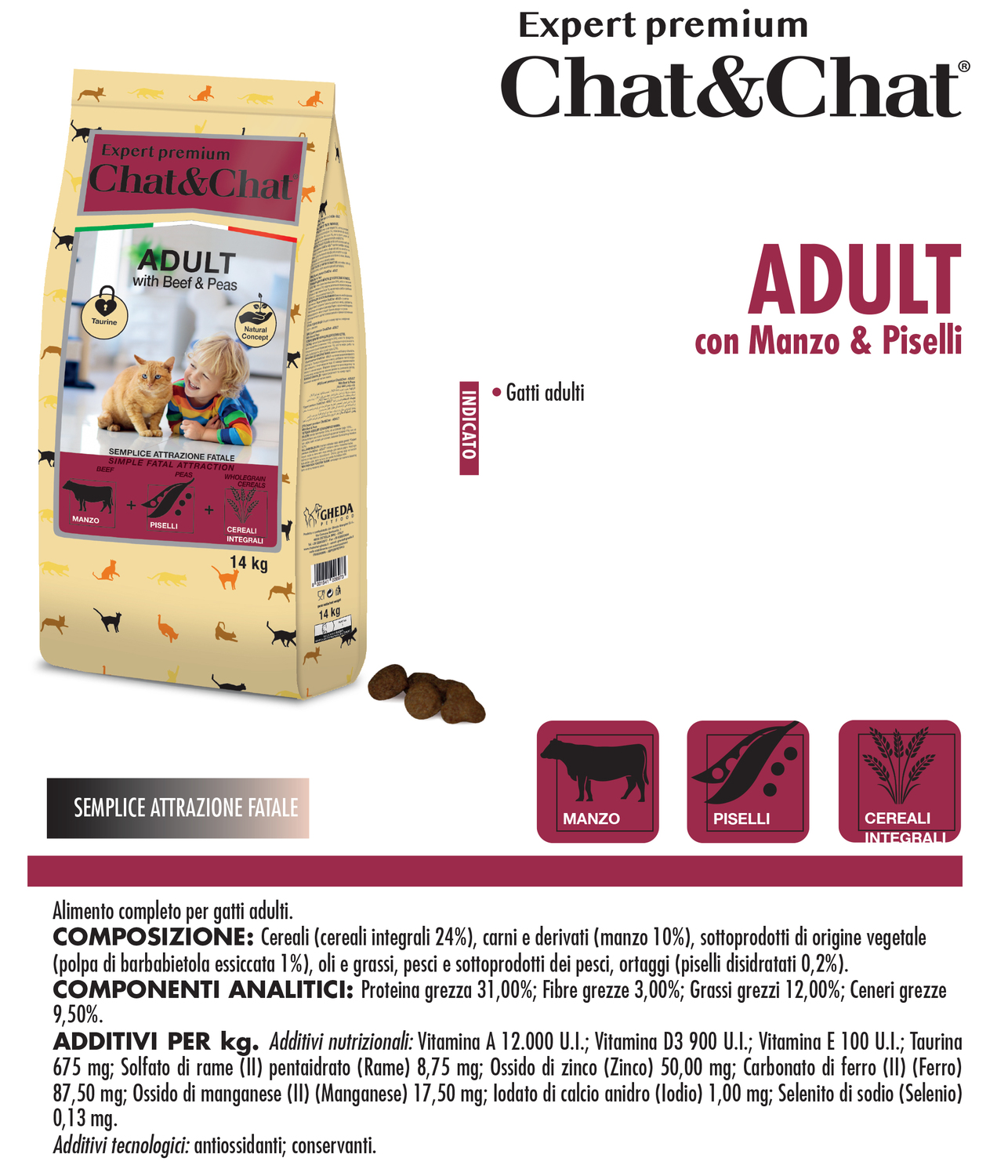 Chat & Chat Adult Beef & Peas | Hrană pentru pisici cu vită și mazăre, din Italia - zoom