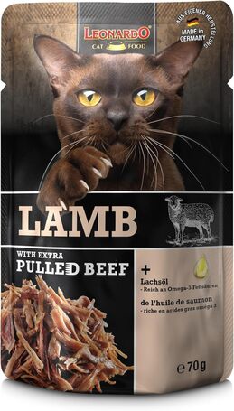 Leonardo bárányhús extra tépett marhahússal alutasakos macskaeledel