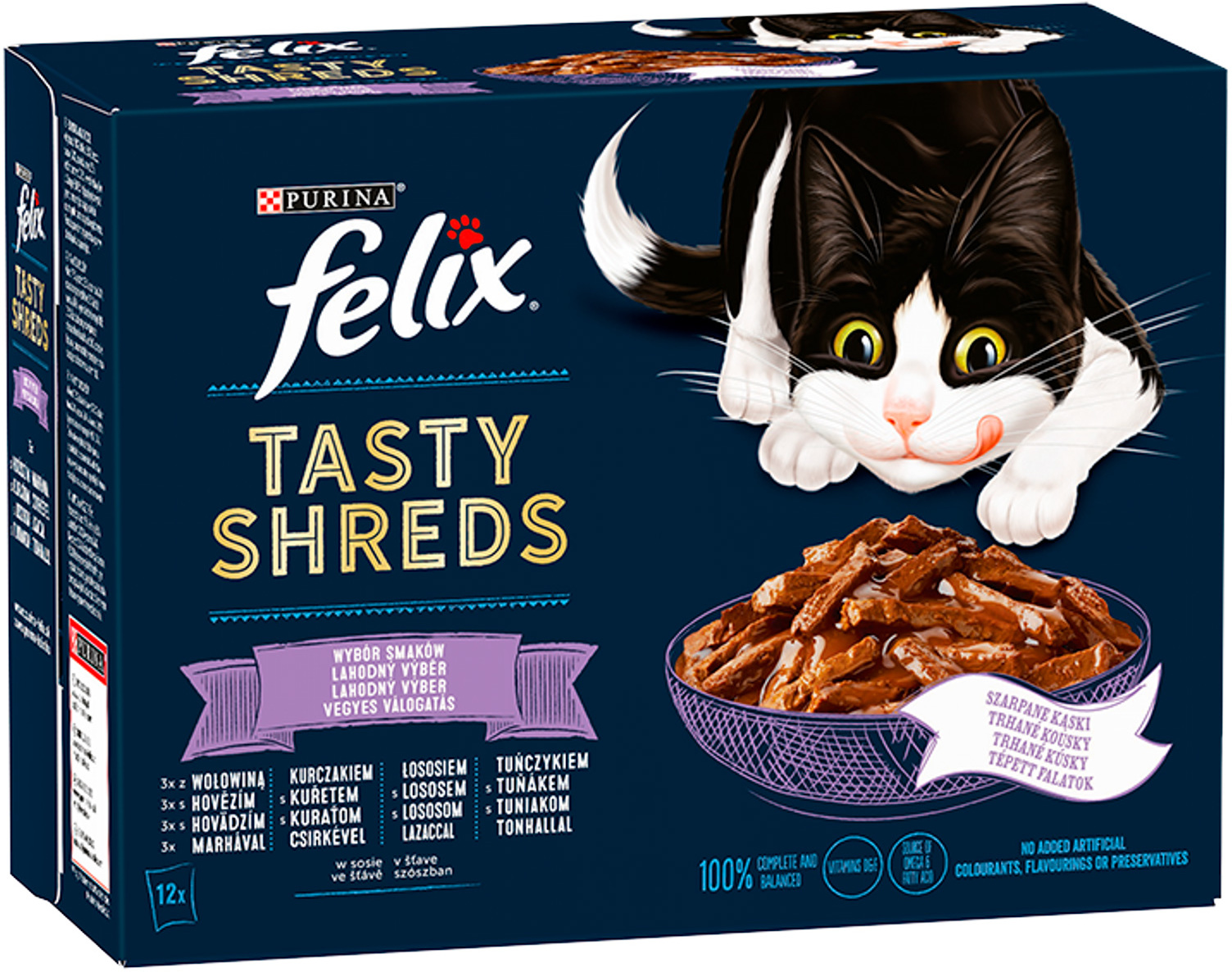 Felix Tasty Shreds selecție artizanală - Bucățele de carne de vită, pui, somon și ton în sos pentru pisici - Multipack