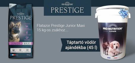Most ajándék táptartó vödröt adunk a Flatazor Prestige Puppy és a Junior Maxi tápokhoz