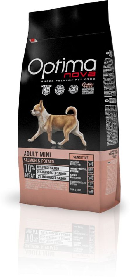 Visán Optimanova Dog Adult Mini Salmon & Potato - Hrană fără cereale pentru câini de talie mică