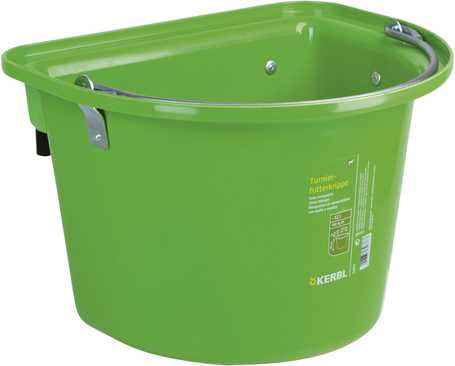 Kerbl lapos hátú etető/itató istálló vödör fém hordfogantyúval és a hátán fém akasztóval