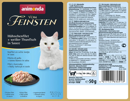 Animonda Vom Feinsten Pouch csirkefilés és fehér tonhalas alutasakos macskaeledel szószban