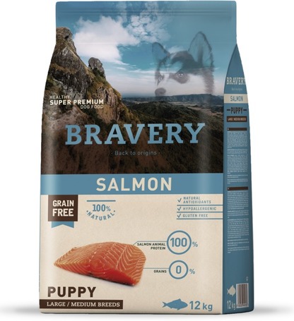 Bravery Dog Puppy Medium/Large Grain Free Salmon | Kutyatáp Spanyolországból közepes és nagy termetű kölyök és növendék kutyáknak | Gabonamentes