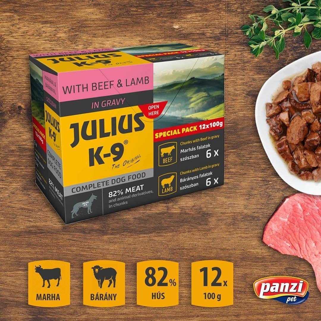 Julius-K9 Beef & Lamb szószos falatok | Marhás és bárányos kutyaeledel alutasakban