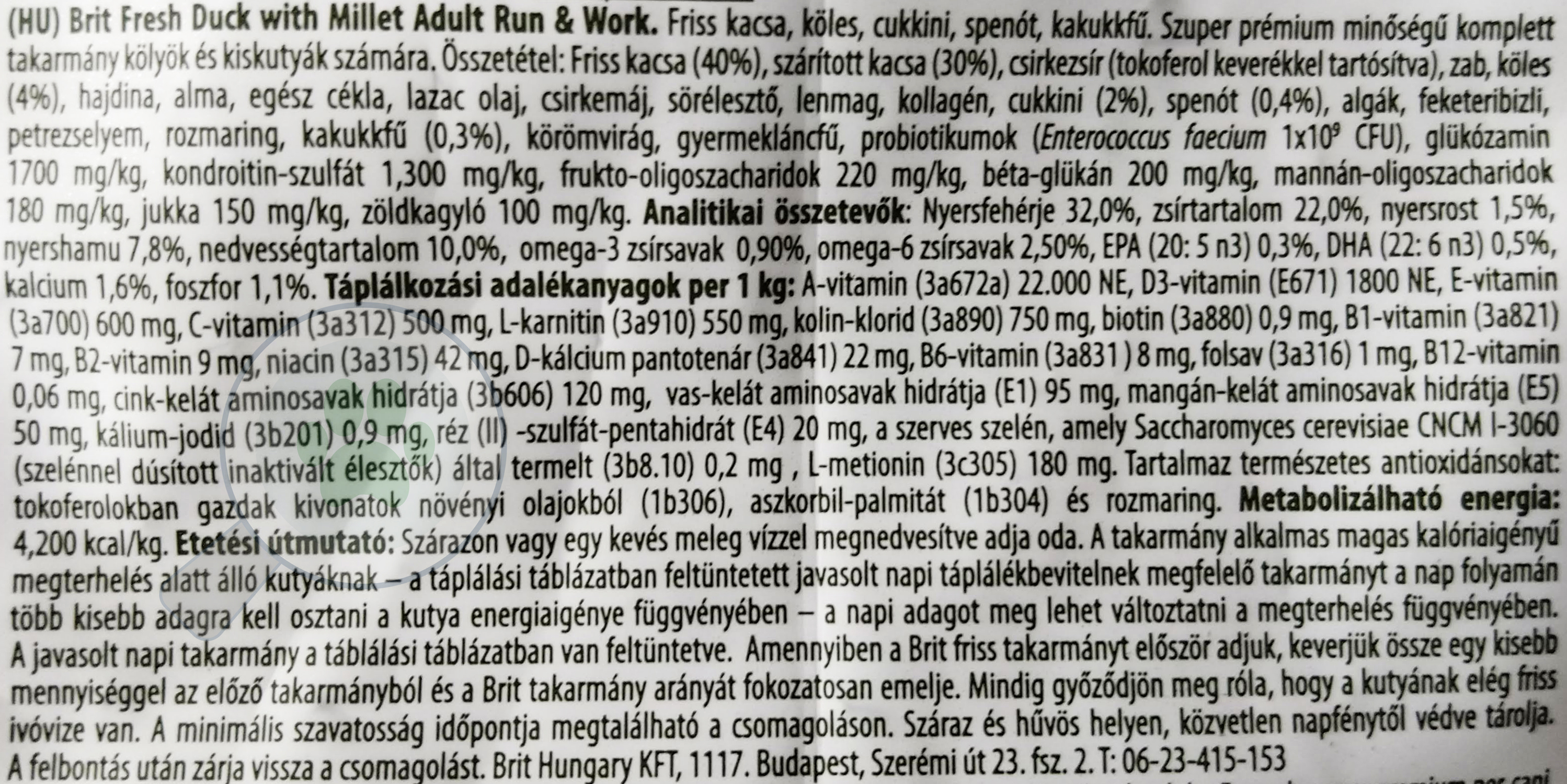 Brit Fresh Duck with Millet Adult Run & Work | Friss kacsahús kölessel
