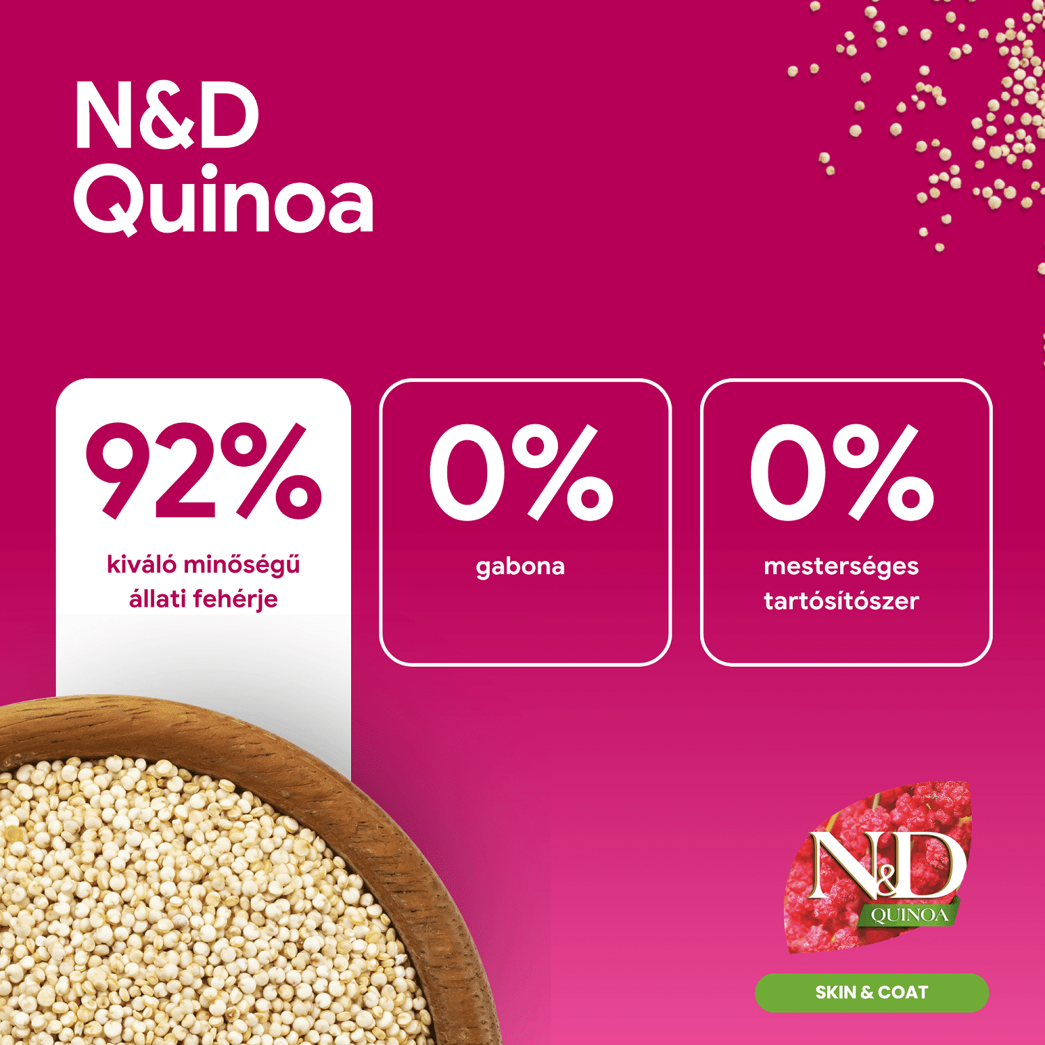 N&D Dog Grain Free Quinoa Skin & Coat Herring – Bőr- és szőrproblémákra | Szuperprémium kutyaeledel