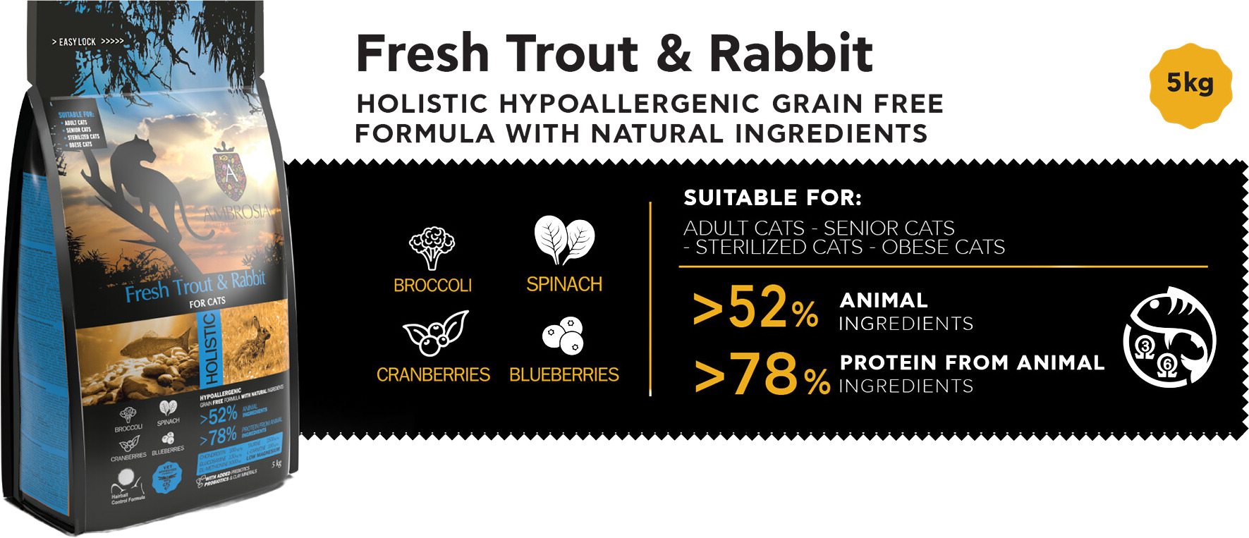 Ambrosia Cat Grain Free Fresh Trout & Rabbit | Hrană pentru pisici fără cereale, cu păstrăv proaspăt și carne de iepure - zoom