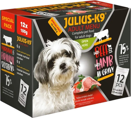 Julius-K9 Beef & Lamb szószos falatok | Marhás és bárányos kutyaeledel alutasakban