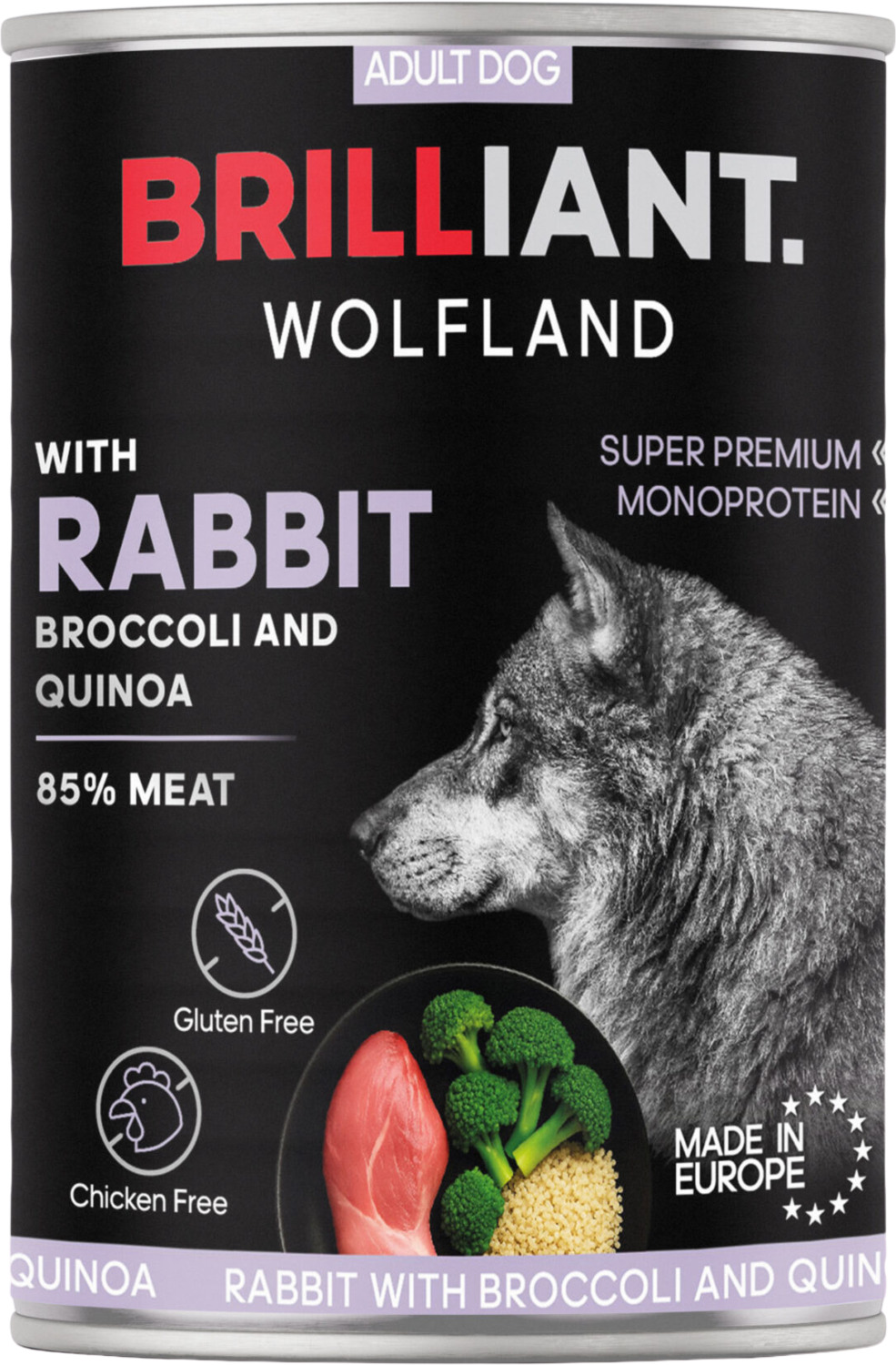 Brilliant Wolfland conserve premium pentru câini cu iepure și broccoli