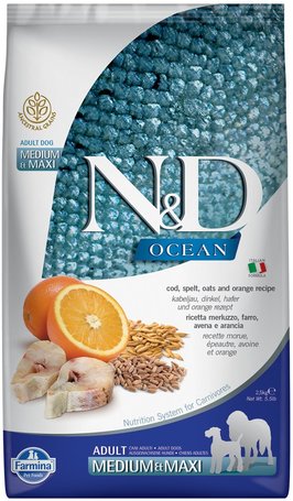 N&D Dog Ocean Adult Medium & Maxi Codfish & Orange | Tőkehalas és narancsos kutyaeledel