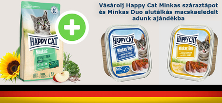 Vásárolj Happy Cat Minkas száraztápot és Minkas Duo alutálkás macskaeledelt adunk ajándékba