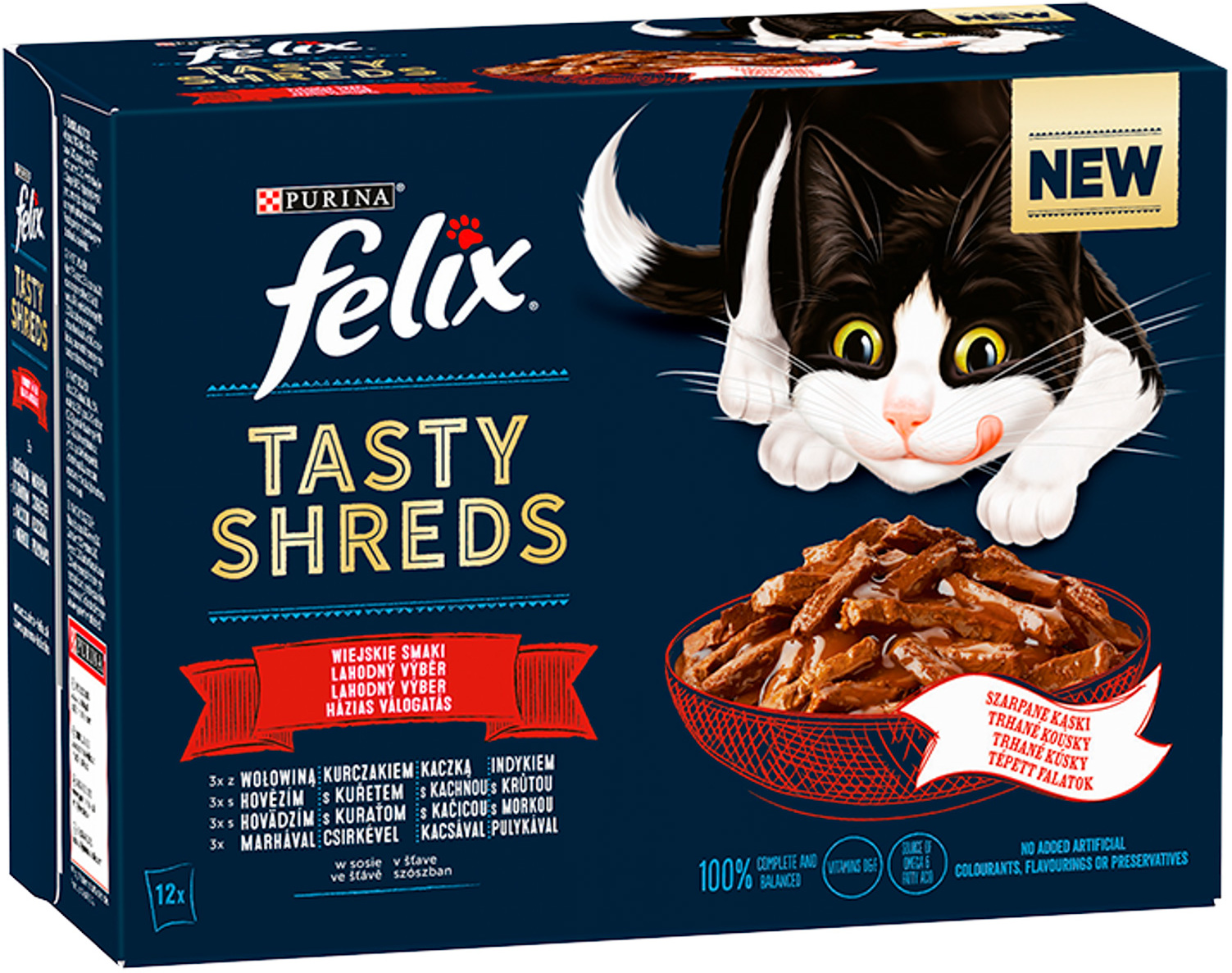 Felix Tasty Shreds selecție artizanală - Bucățele de carne de vită, pui, rață și curcan în sos pentru pisici - Multipack (12 x 80 g)