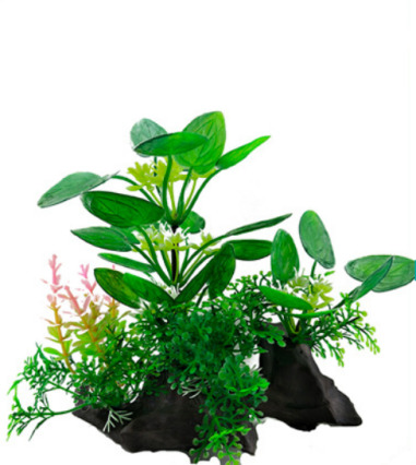 Plantă artificială pentru acvariu cu frunze în formă de inimă și floricele colorate