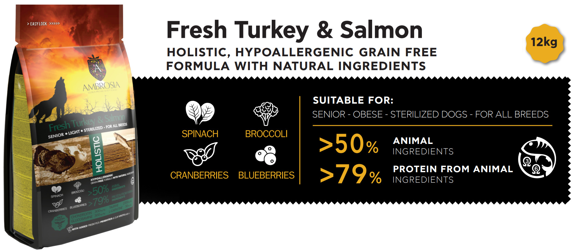 Ambrosia Fresh turkey & Salmon kutyatáp adatlap