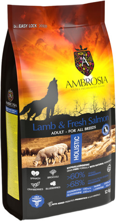 Ambrosia Dog Adult Lamb & Fresh Salmon | Gabonamentes kutyatáp báránnyal és friss lazaccal