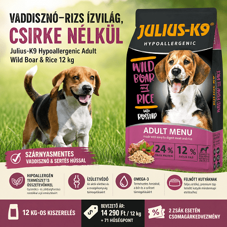 Vaddisznó-rizs ízvilág, csirke nélkül: Julius-K9 Hypoallergenic Adult Wild Boar & Rice 12 kg