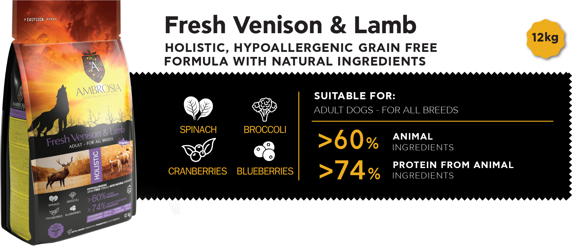 Ambrosia Dog Adult GF Fresh Venison & Lamb | Hrană pentru câini fără cereale cu cerb proaspăt și miel - zoom
