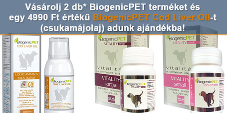 Vásárolj 2 db BiogenicPET terméket és egy 4990 Ft értékű BiogenicPET Cod Liver Oil-t (csukamájolaj) adunk ajándékba!